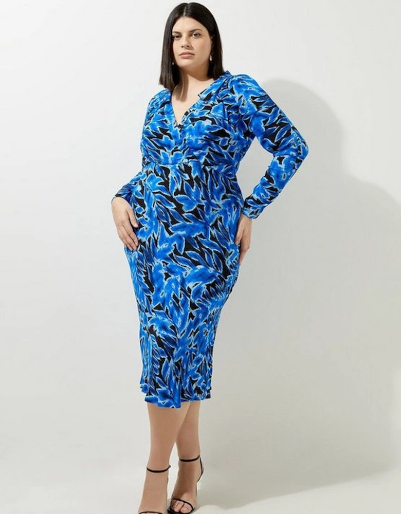 Plus Size Blue Leaf Woven Collared Midaxi Dress