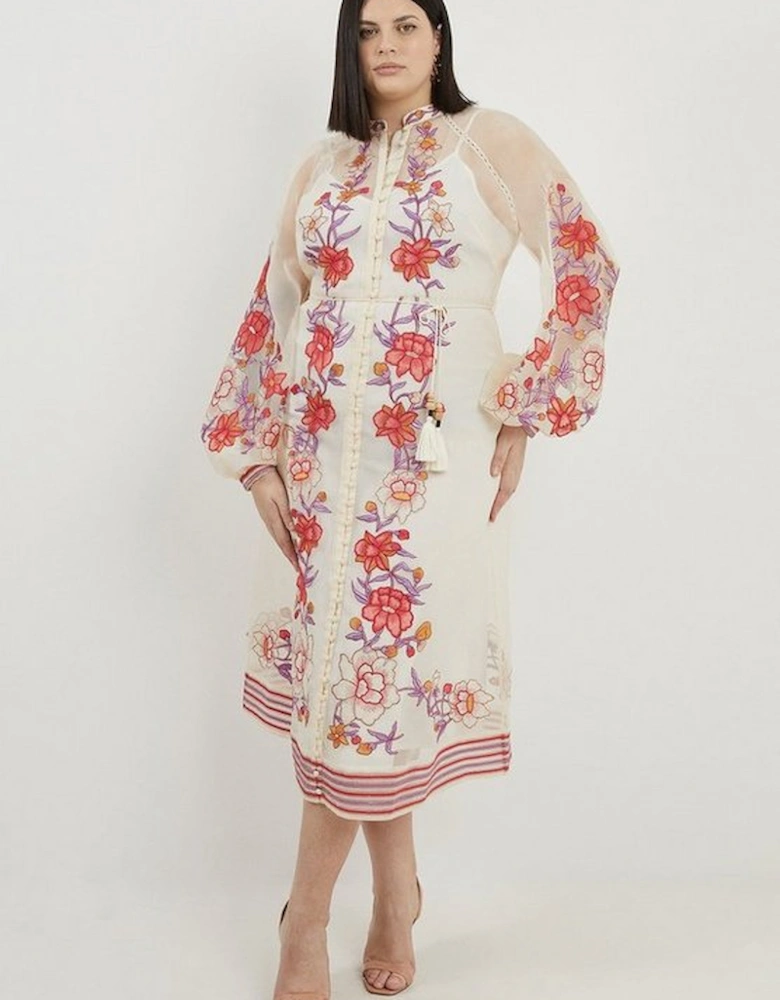 Plus Size Floral Embroidery Organdie Woven Midi Dress
