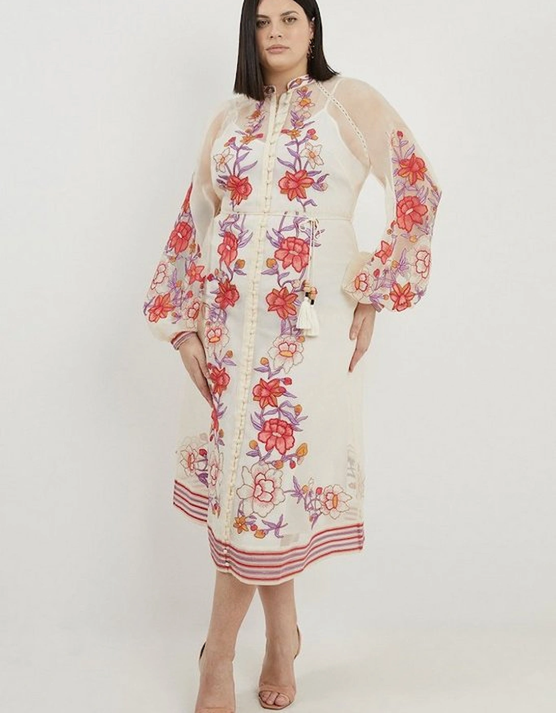 Plus Size Floral Embroidery Organdie Woven Midi Dress, 4 of 3