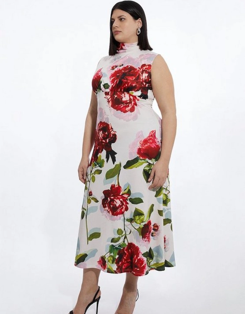 Plus Size Rose High Neck Drapey Crepe Jersey Maxi Dress