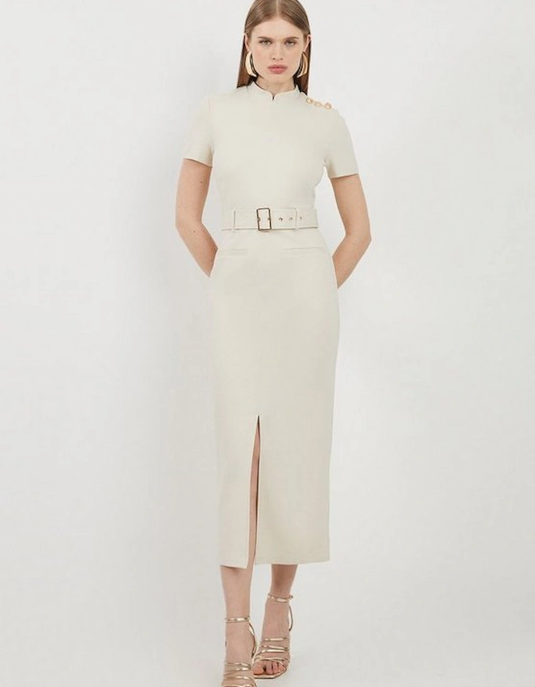 Belted Detail Ponte Jersey Short Sleeve Midi Dress