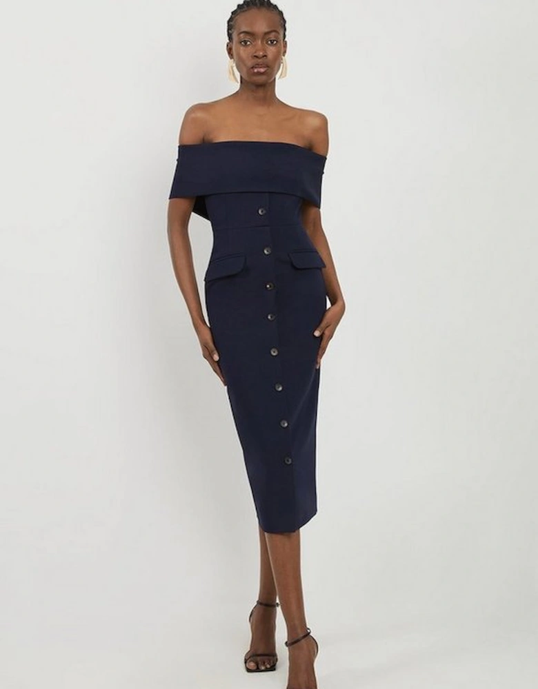 Clean Tailored Bardot Button Through Midi Dress