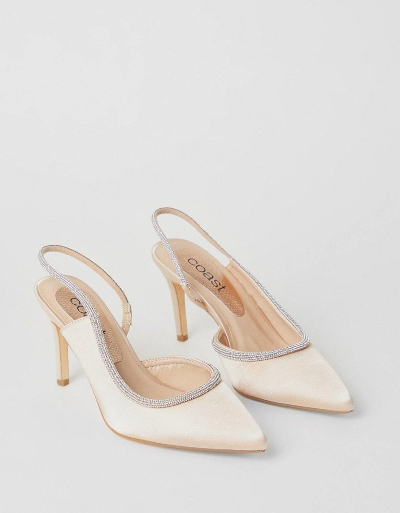 Sabrina Satin Diamante Trim Slingback High Stiletto Court Shoes