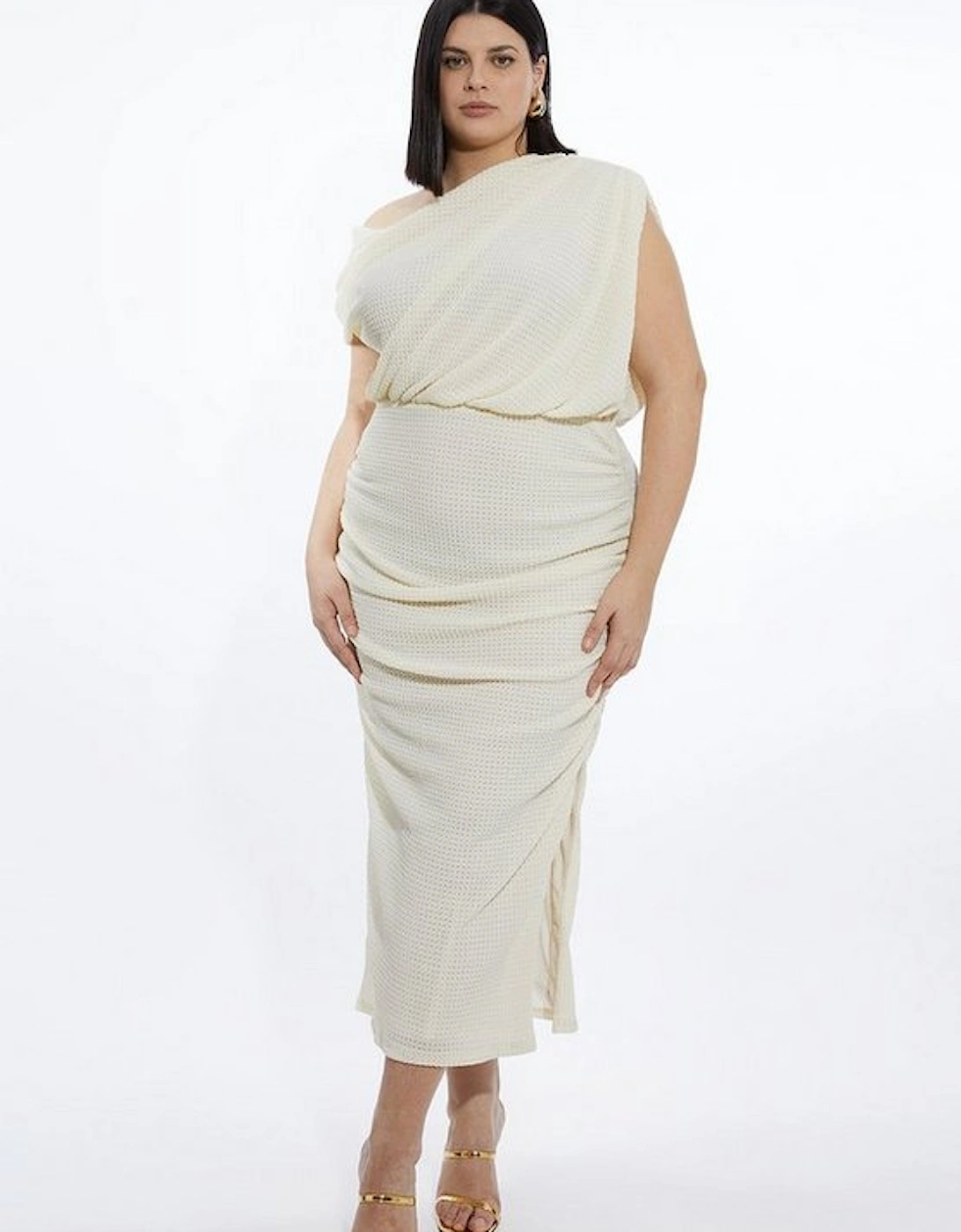 Plus Size One Shoulder Ruched Textured Jersey Maxi Dress, 4 of 3
