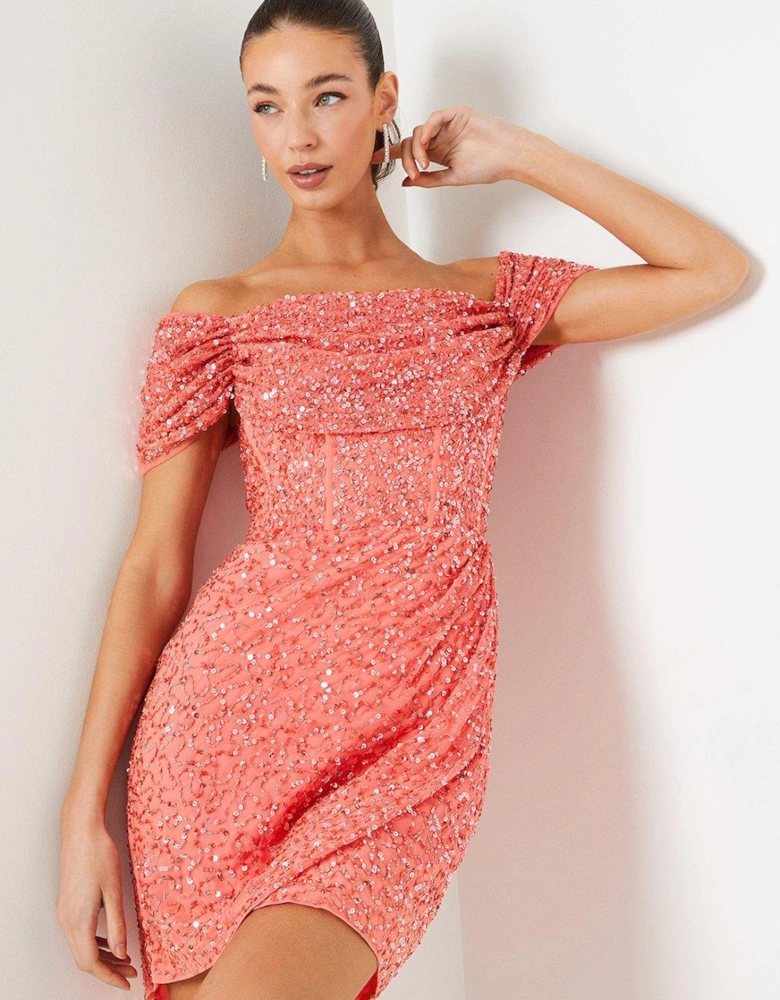 Hand Embellished Corset Bodice Bardot Mini Dress