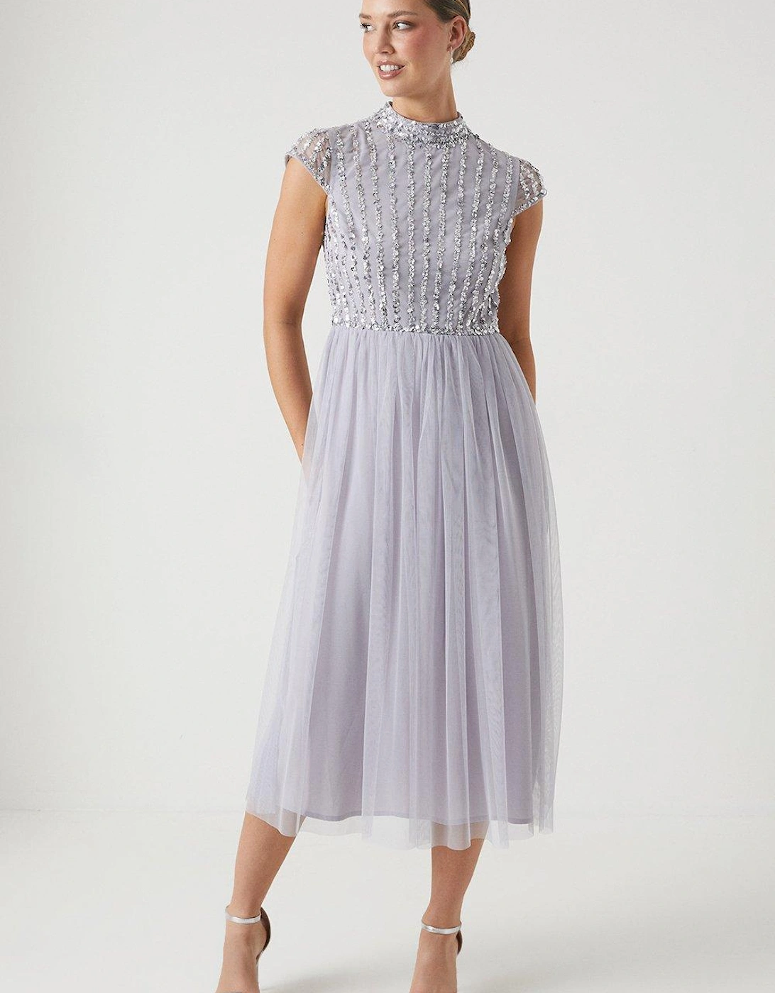 Linear Embellished Cap Sleeve Bridesmaids Dress, 6 of 5
