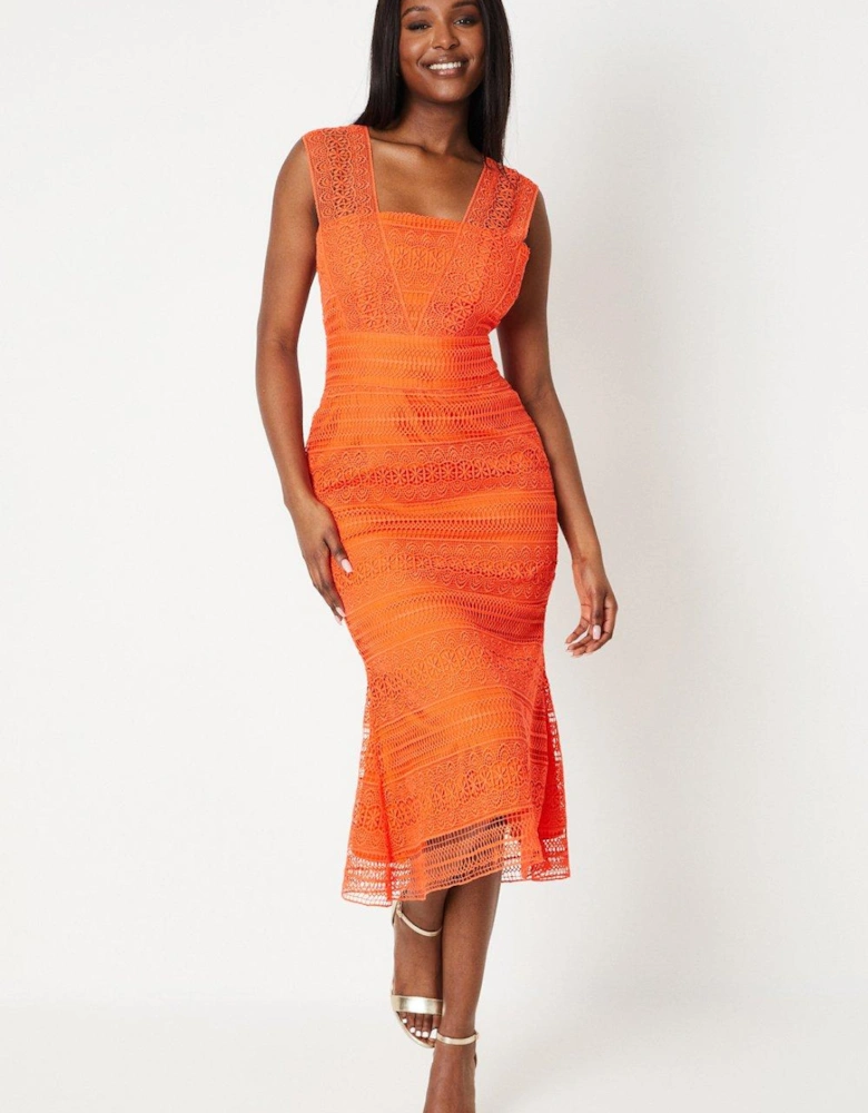 Lace Pencil Dress With Flared Hem