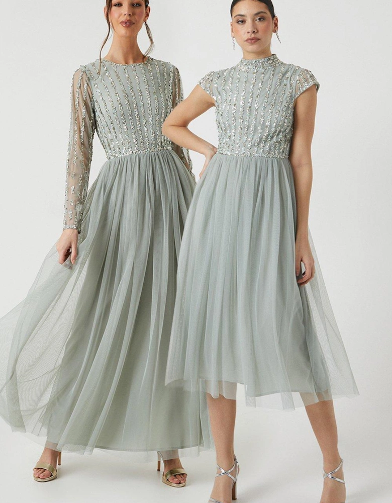 Linear Embellished Cap Sleeve Bridesmaids Dress