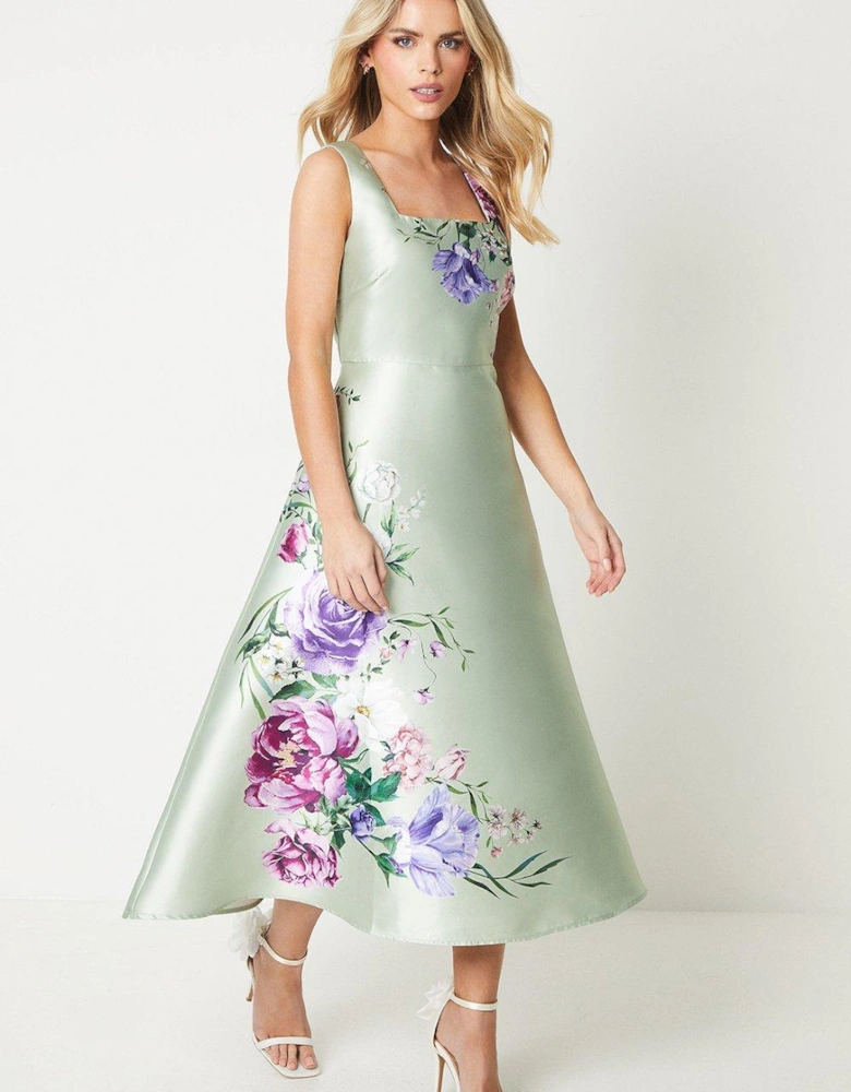 Petite Square Neck Twill Midi Dress With Floral Print
