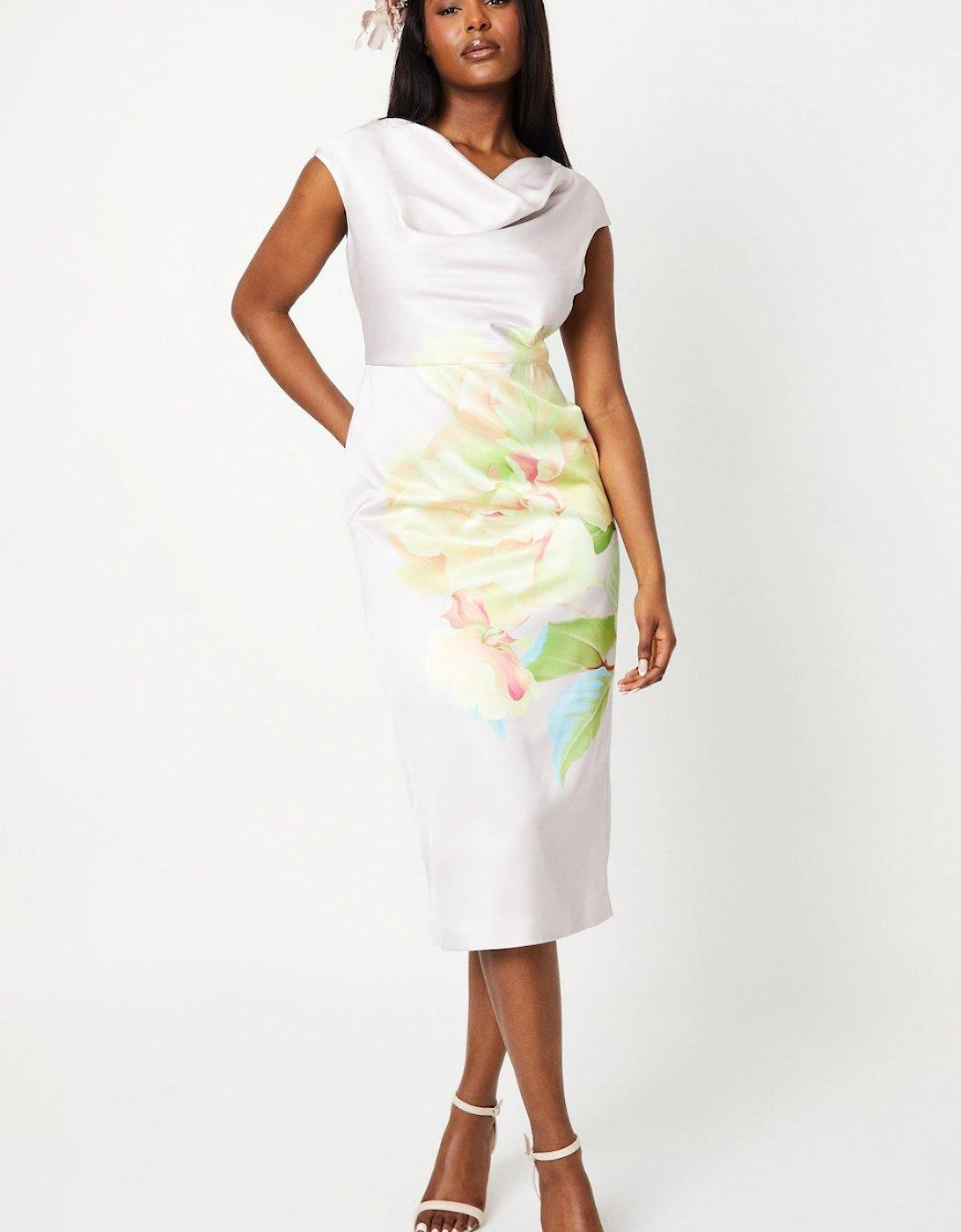 Satin Pencil Midi Dress With Placement Print, 6 of 5