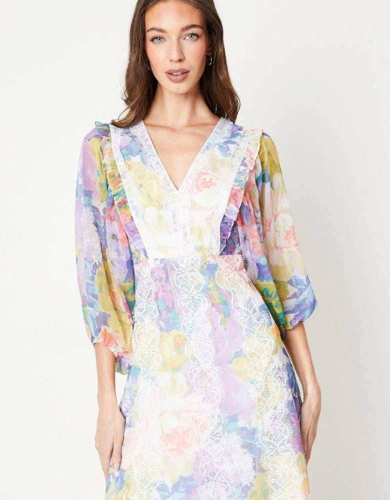 Printed Lace Trim Maxi Dress