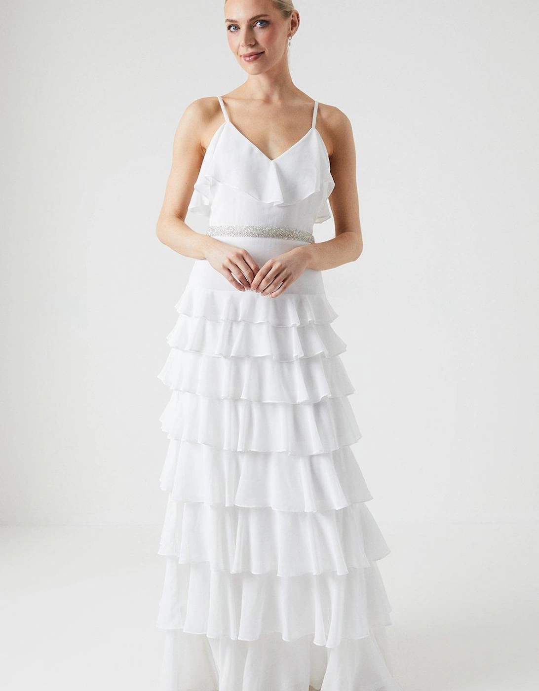 Tiered Cami Chiffon Wedding Dress With Gem Belt, 6 of 5