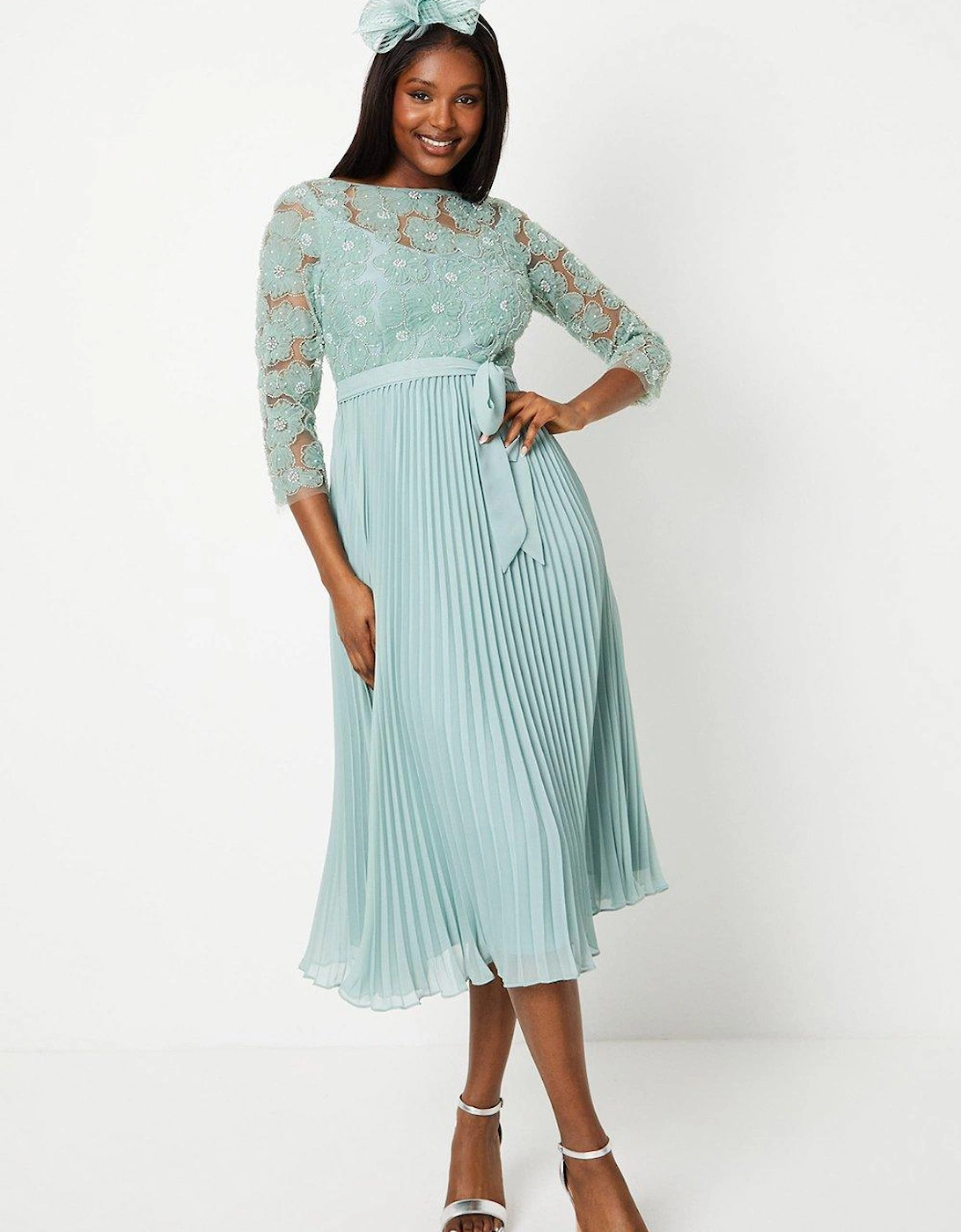 Embellished Bodice Pleated Skirt Midi Dress, 6 of 5