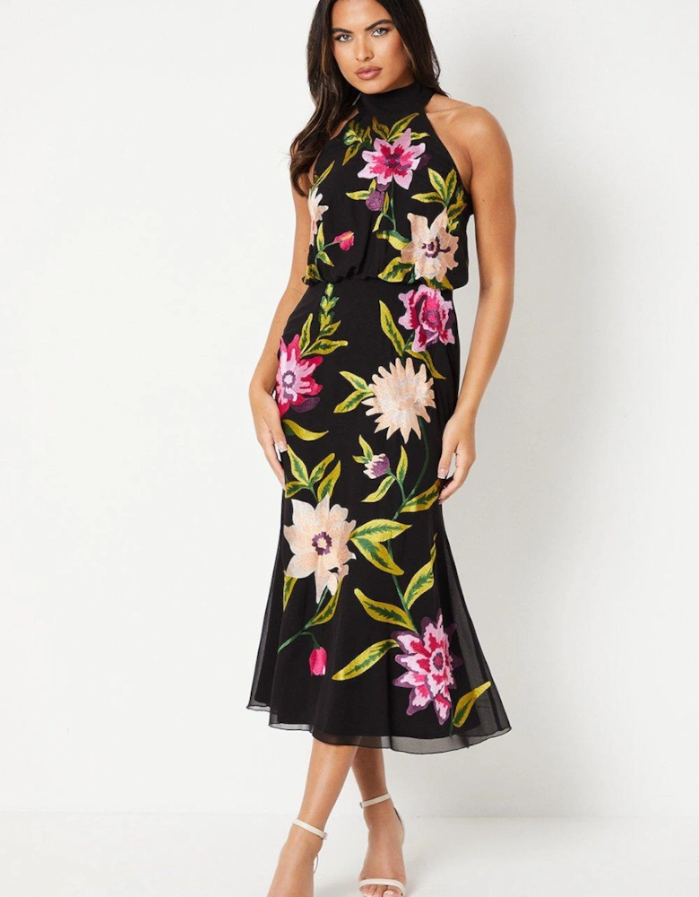 High Neck Midi Dress With Floral Embroidery