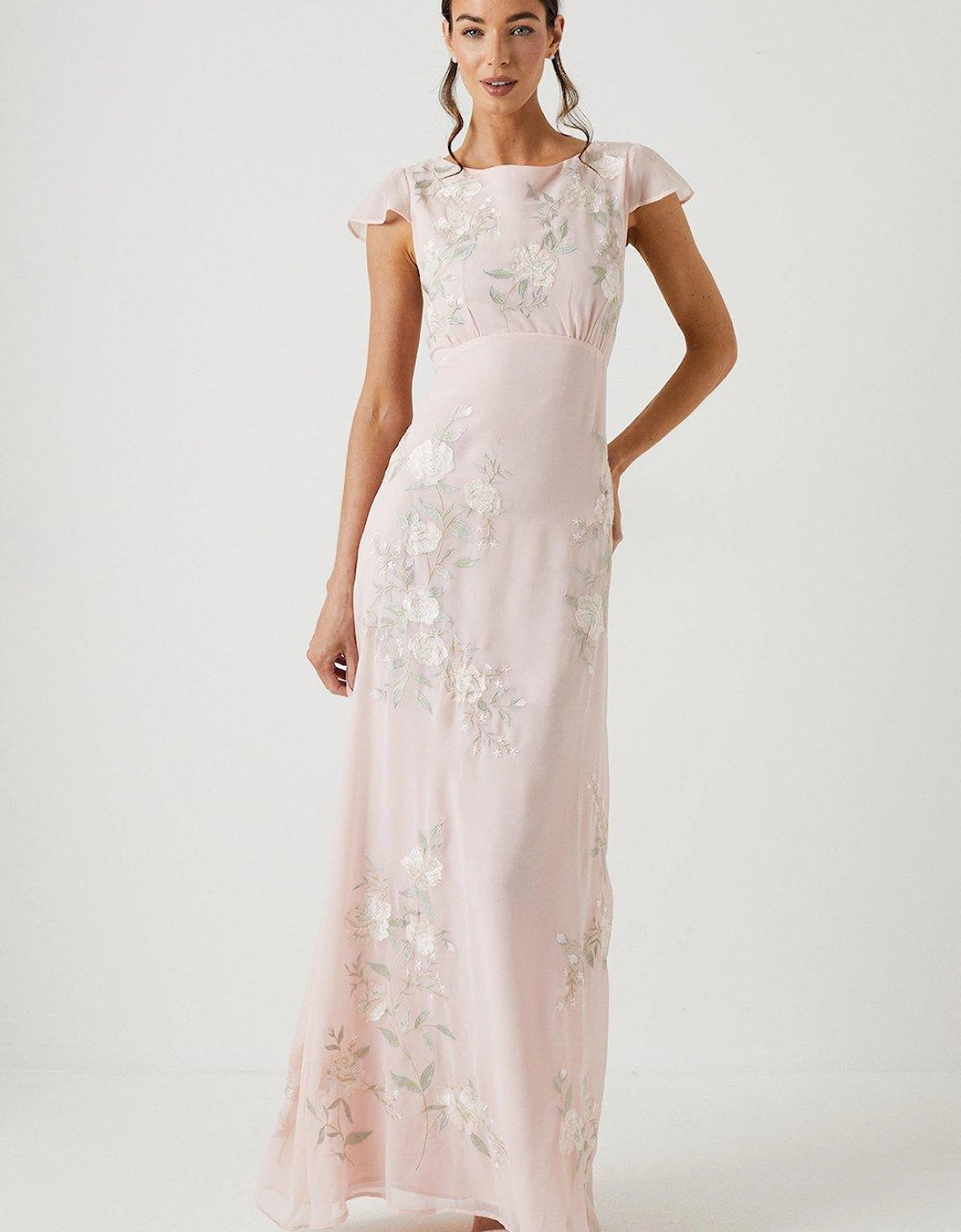 Rose Embroidered Flutter Sleeve Bridesmaids Maxi Dress, 6 of 5