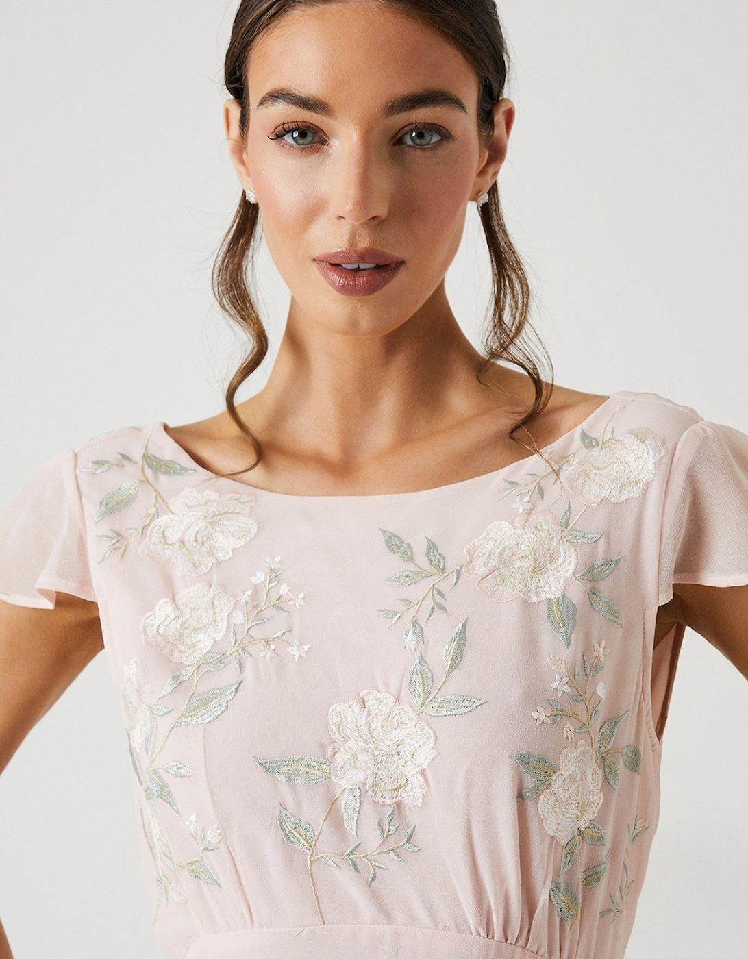 Rose Embroidered Flutter Sleeve Bridesmaids Maxi Dress