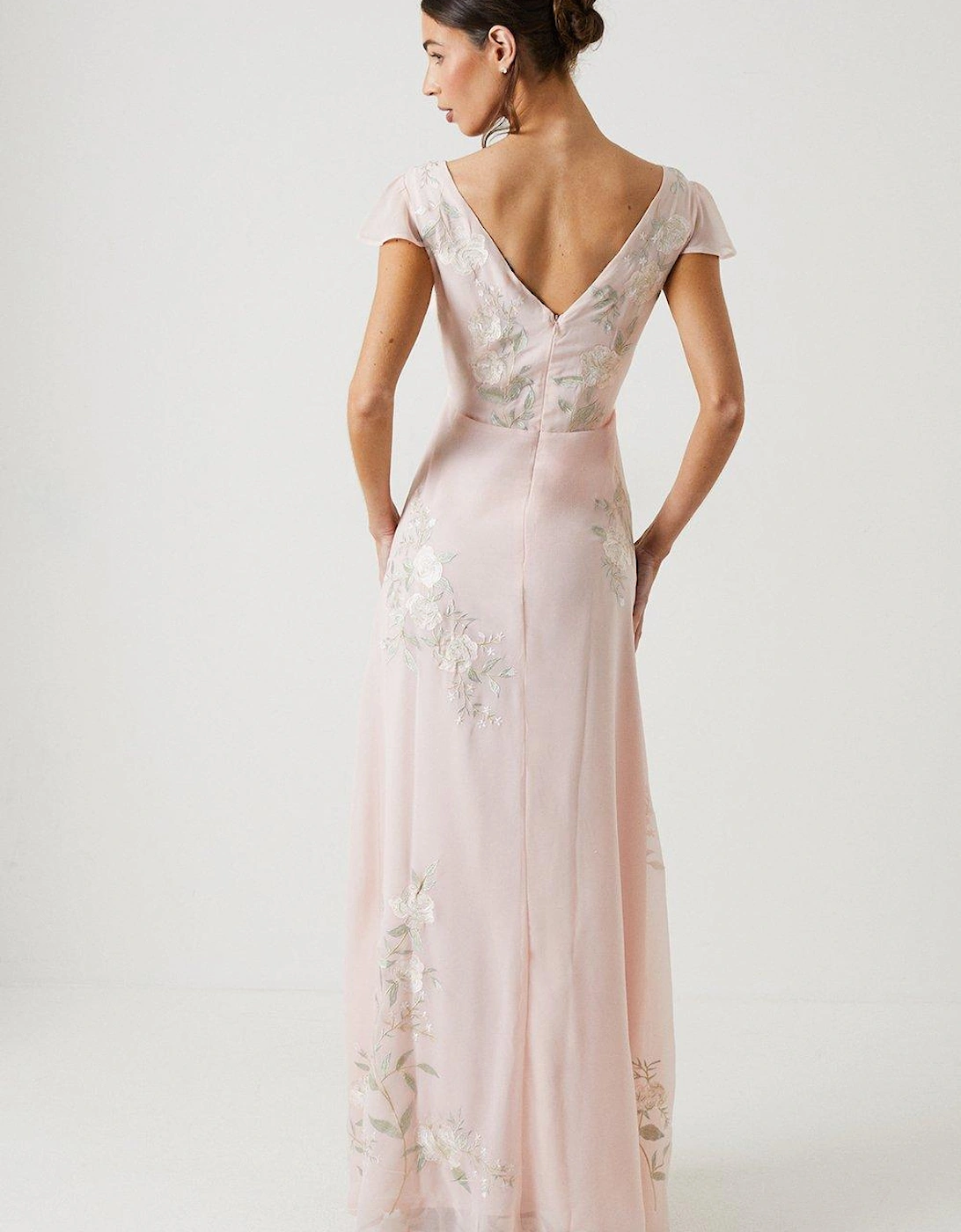 Rose Embroidered Flutter Sleeve Bridesmaids Maxi Dress