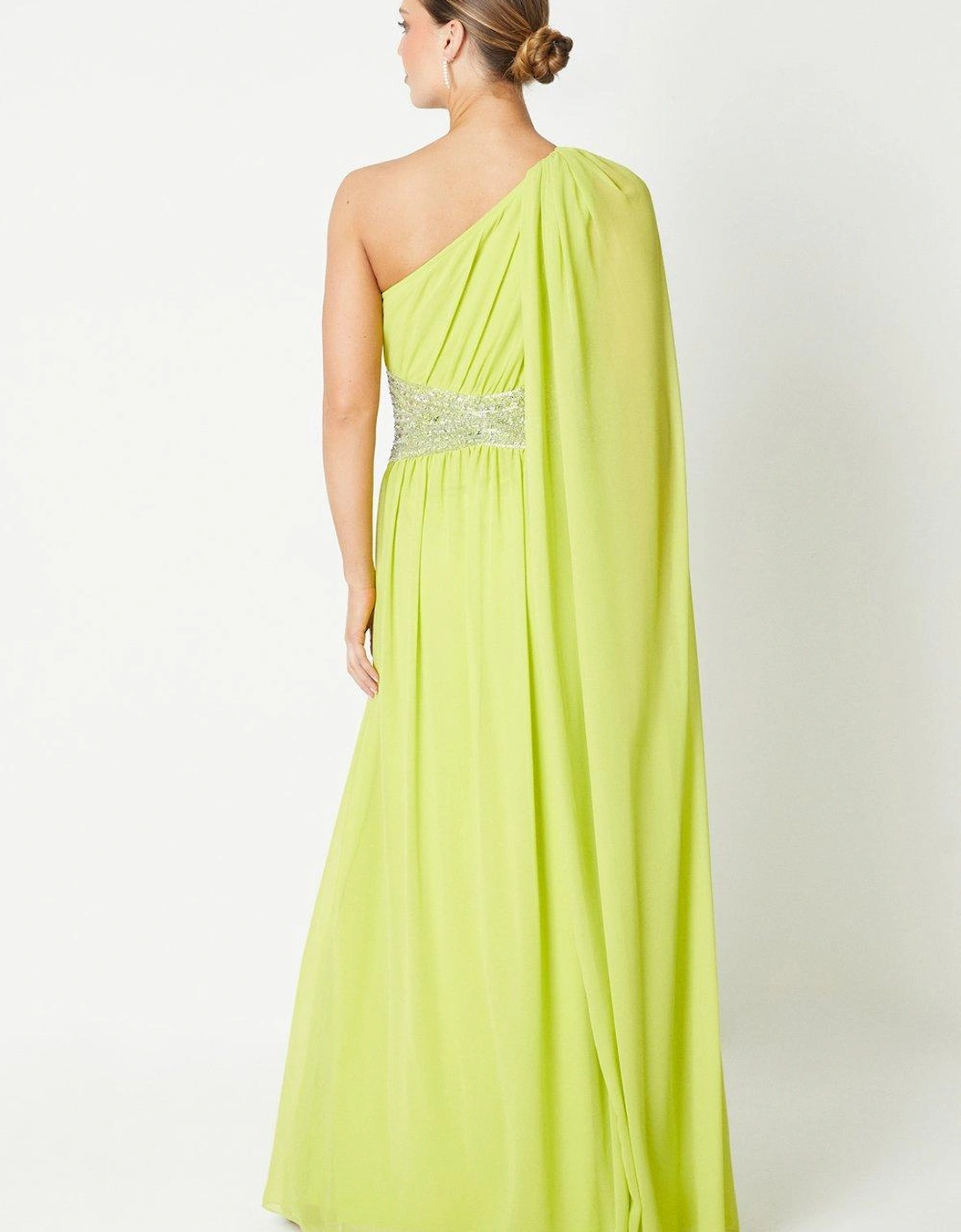 Chiffon Cape Sleeve Gown With Beaded Waistband - Black Tie