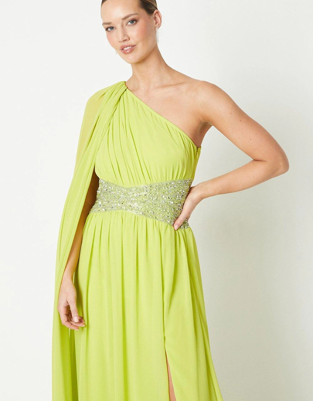 Chiffon Cape Sleeve Gown With Beaded Waistband - Black Tie
