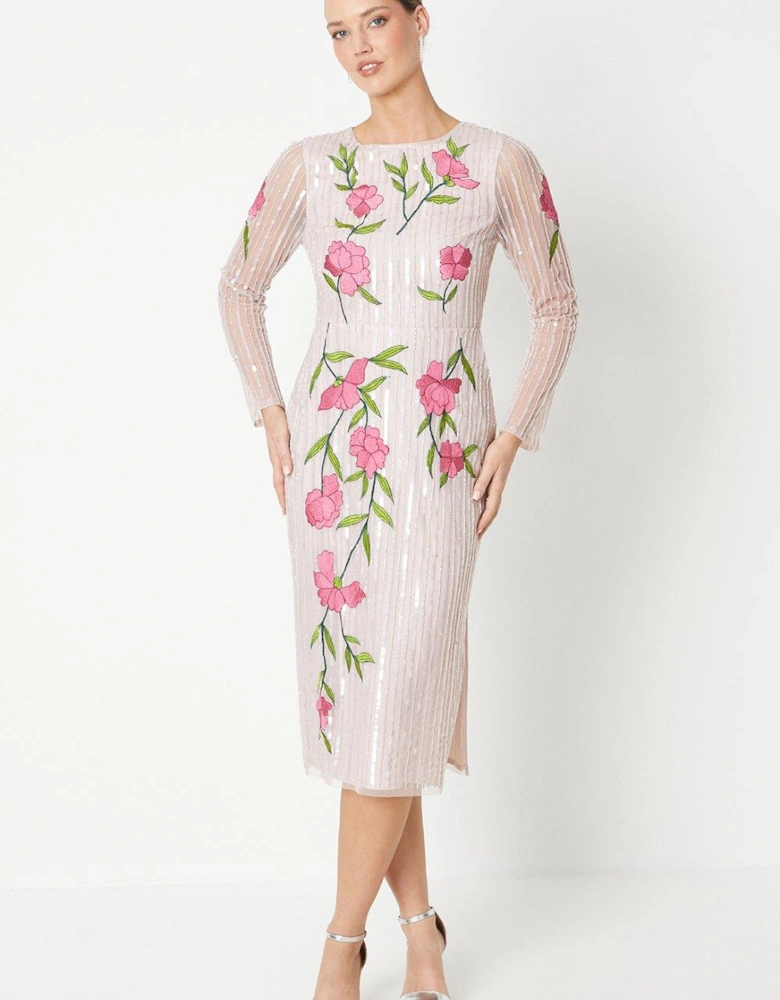 Sequin Embellished Long Sleeve Column Dress