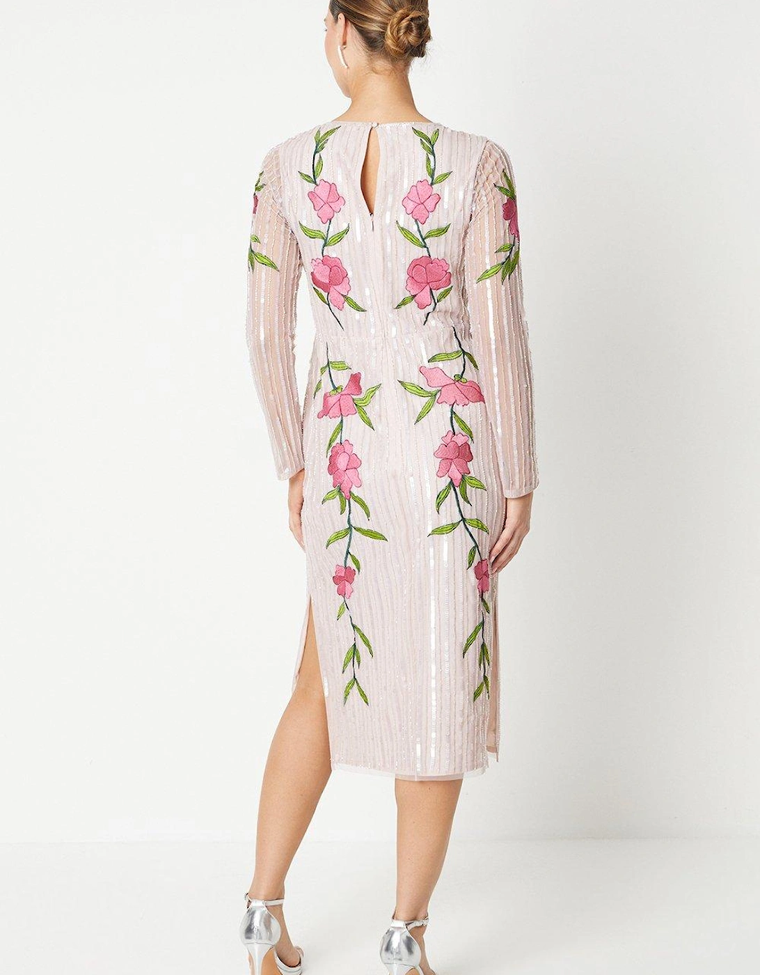 Sequin Embroidered Long Sleeve Column Dress