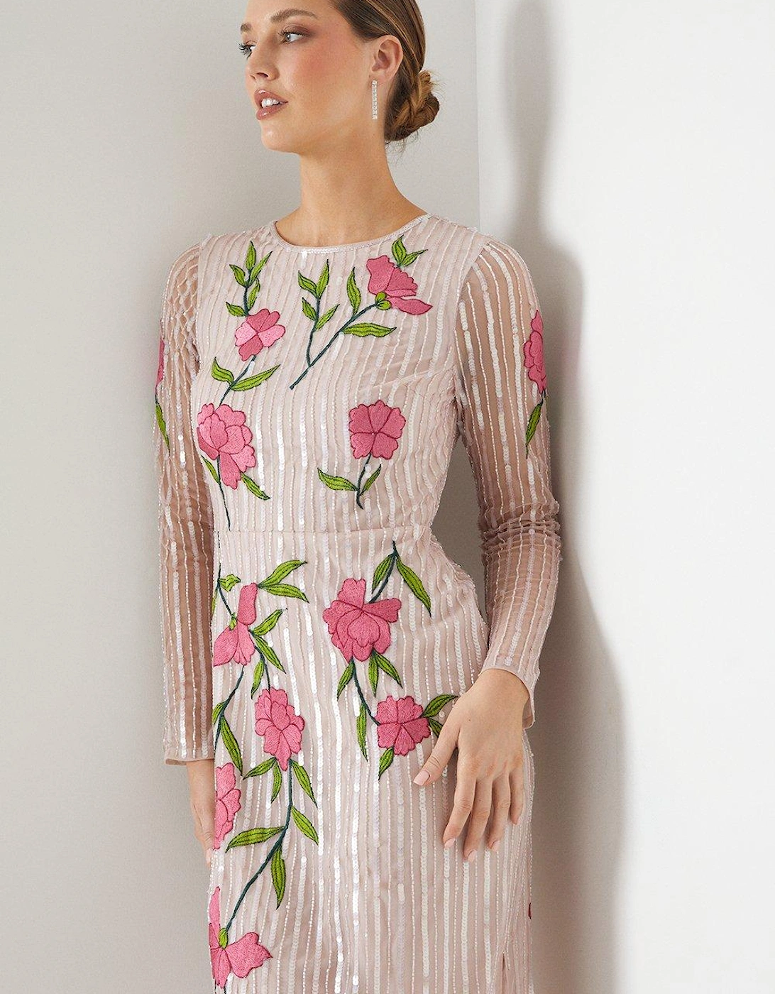 Sequin Embroidered Long Sleeve Column Dress