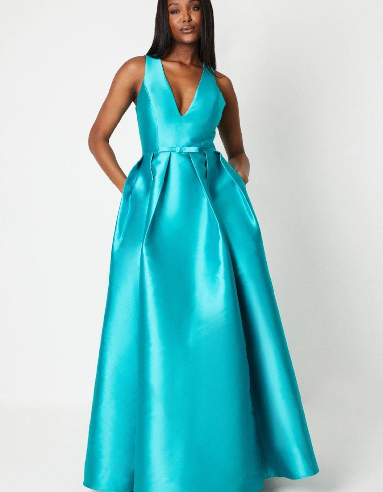 Plunge Neck Bow Waist Maxi Dress With Pockets