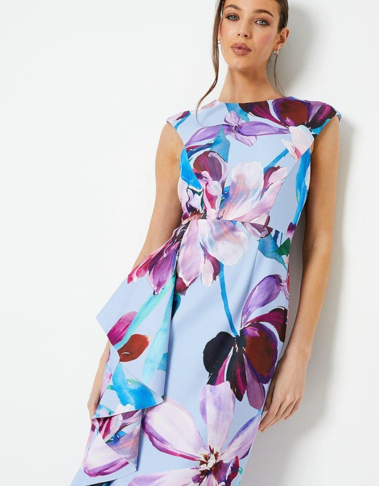 Printed Crepe Midi Dress With Side Ruffle Detail