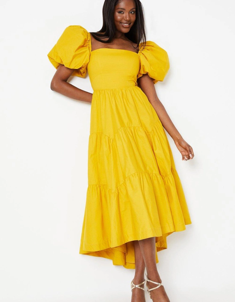 Puff Sleeve Tiered High Low Maxi Dress
