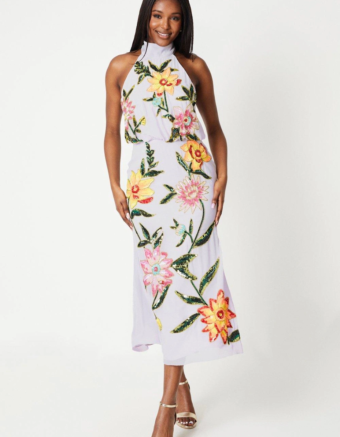 High Neck Midi Dress With Floral Embellishment, 6 of 5
