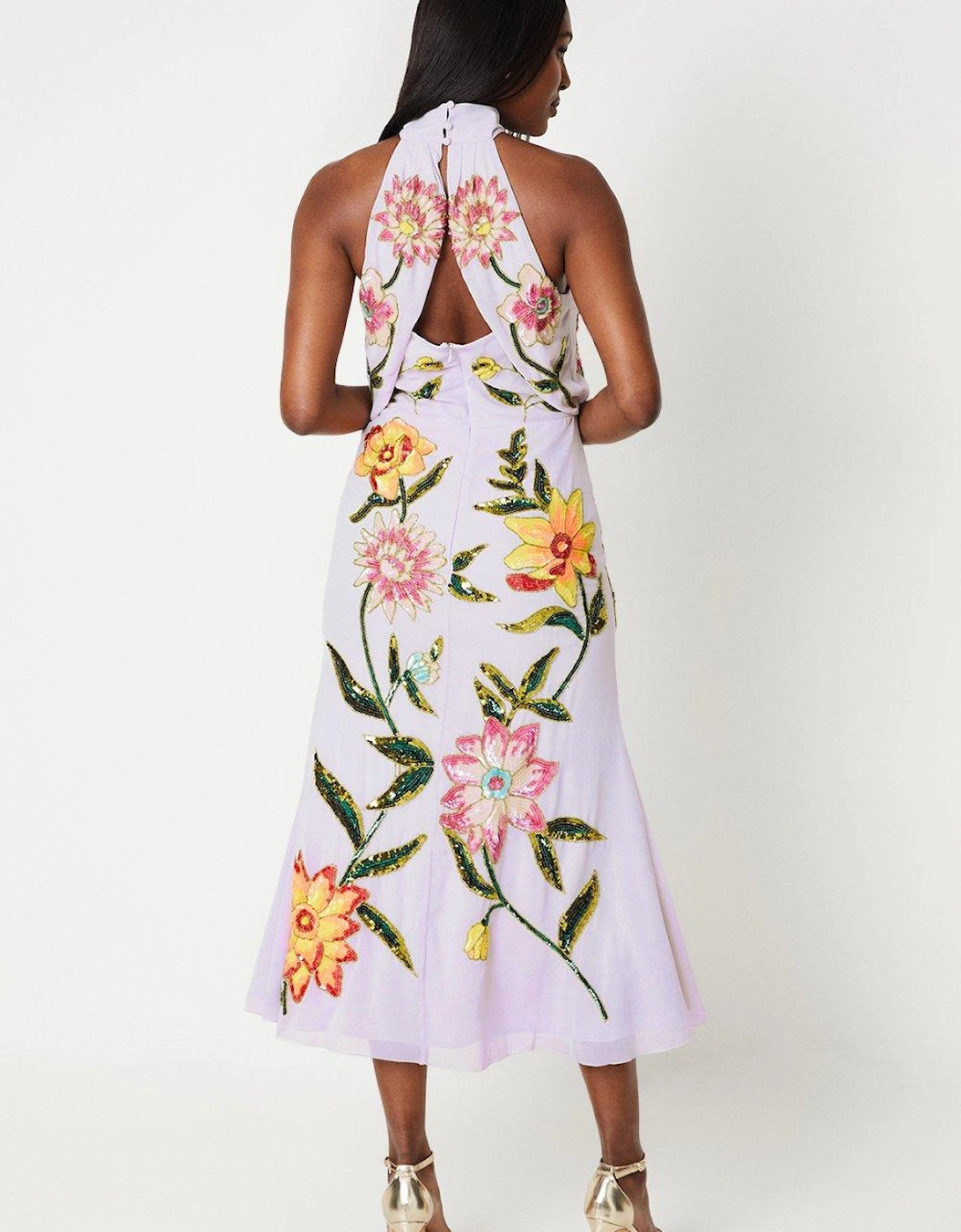 High Neck Midi Dress With Floral Embellishment