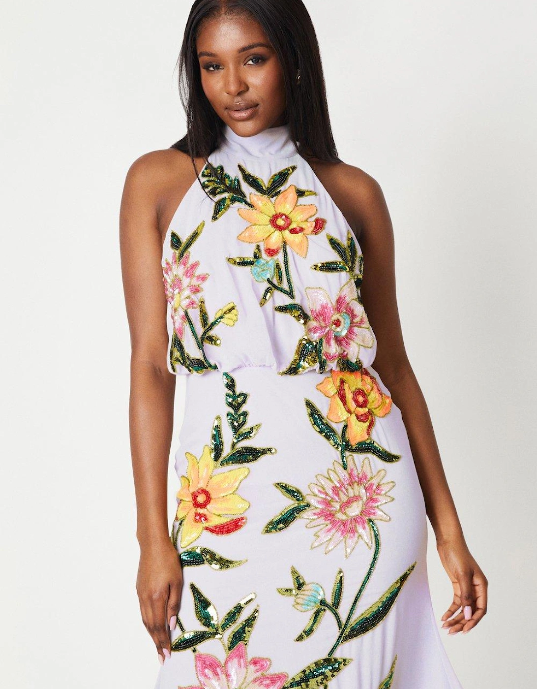 High Neck Midi Dress With Floral Embellishment