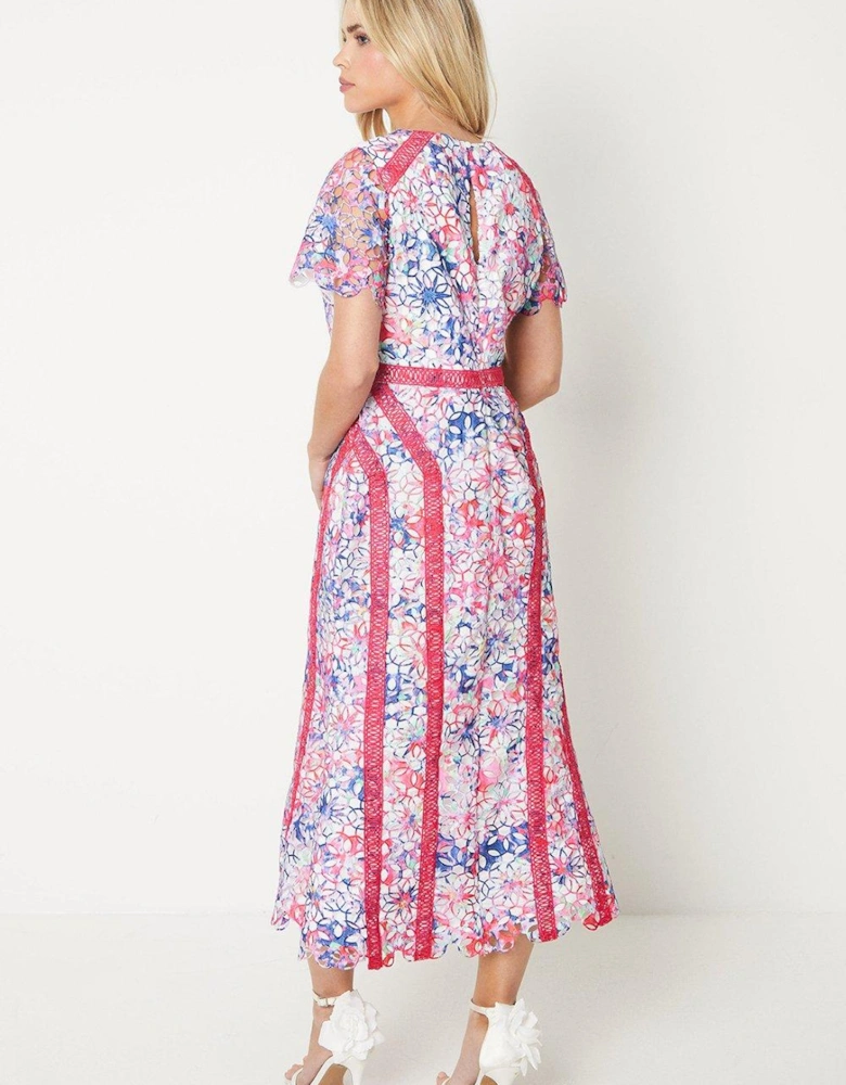 Petite Printed Floral Lace Midi Pencil Dress