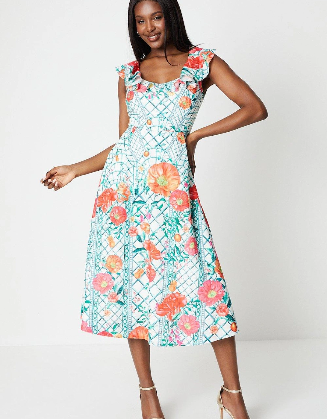 Ruffle Neck Placement Print Cotton Dress, 6 of 5