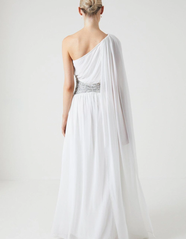 Chiffon Cape Sleeve Wedding Dress With Beaded Waistband