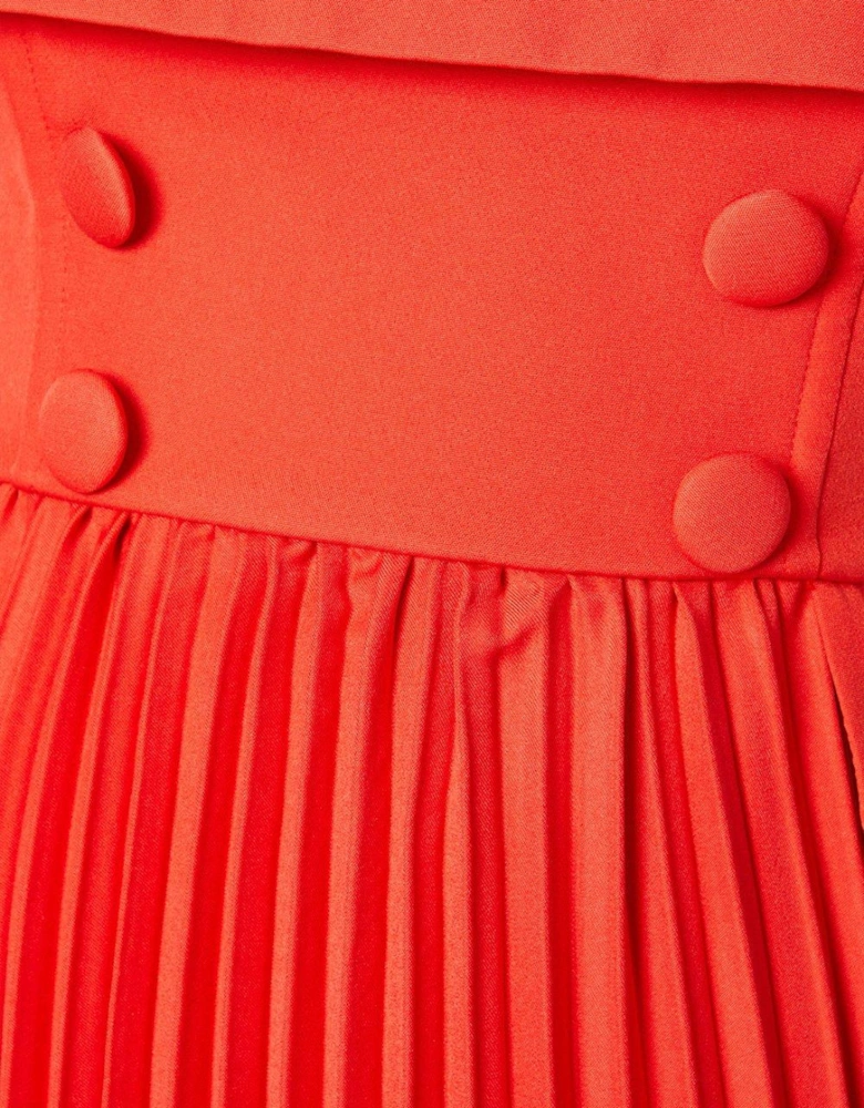 Button Front Bandeau Pleat Skirt Midi Dress