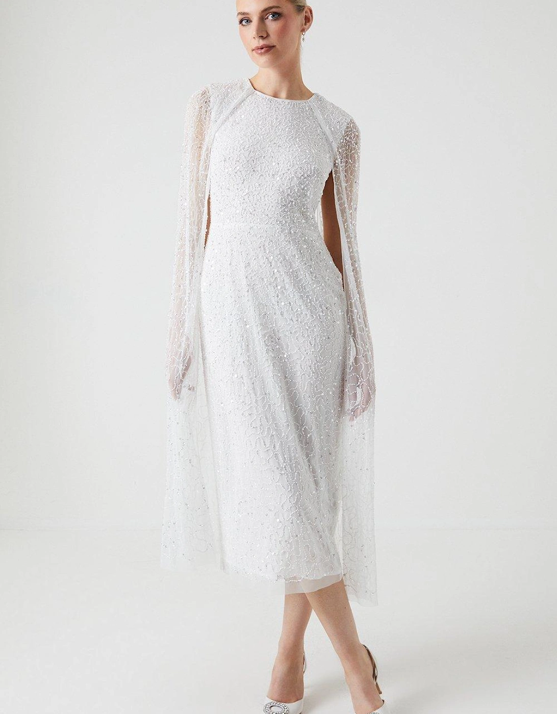 Embellished Cape Sleeve Wedding Dress, 6 of 5