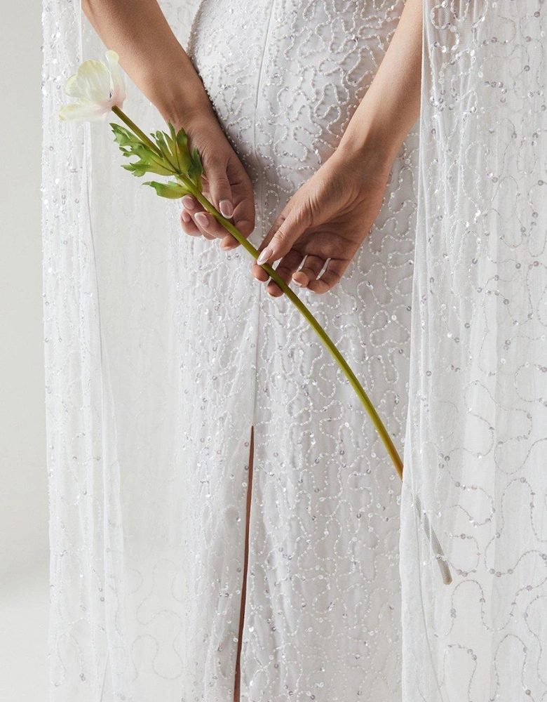Embellished Cape Sleeve Wedding Dress