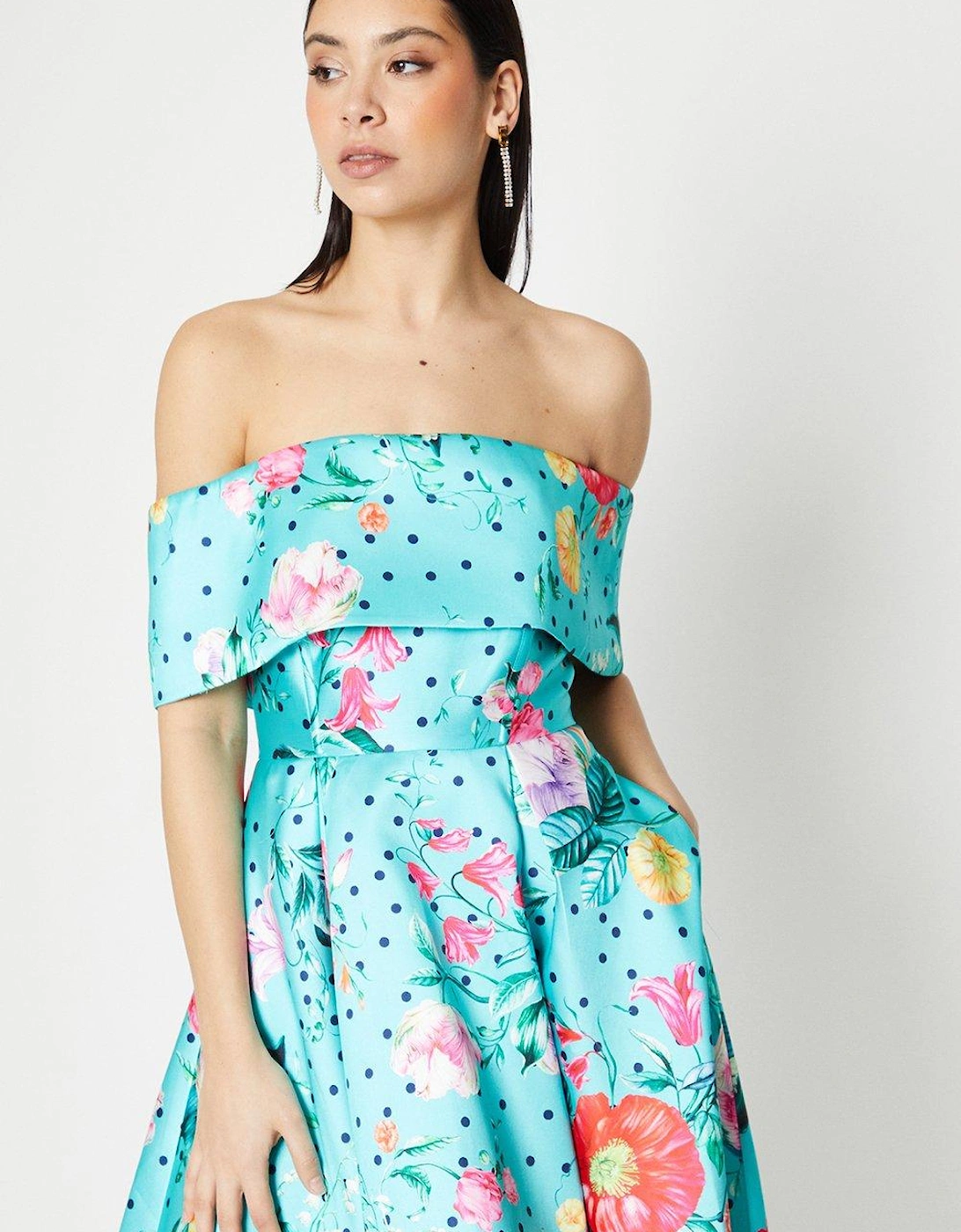 Bardot High Low Printed Twill Midi Dress