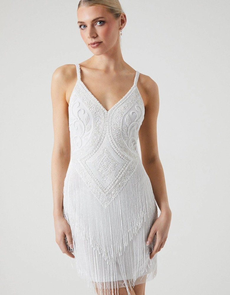 Premium Fringe And Beadwork Strappy Bridal Mini Dress