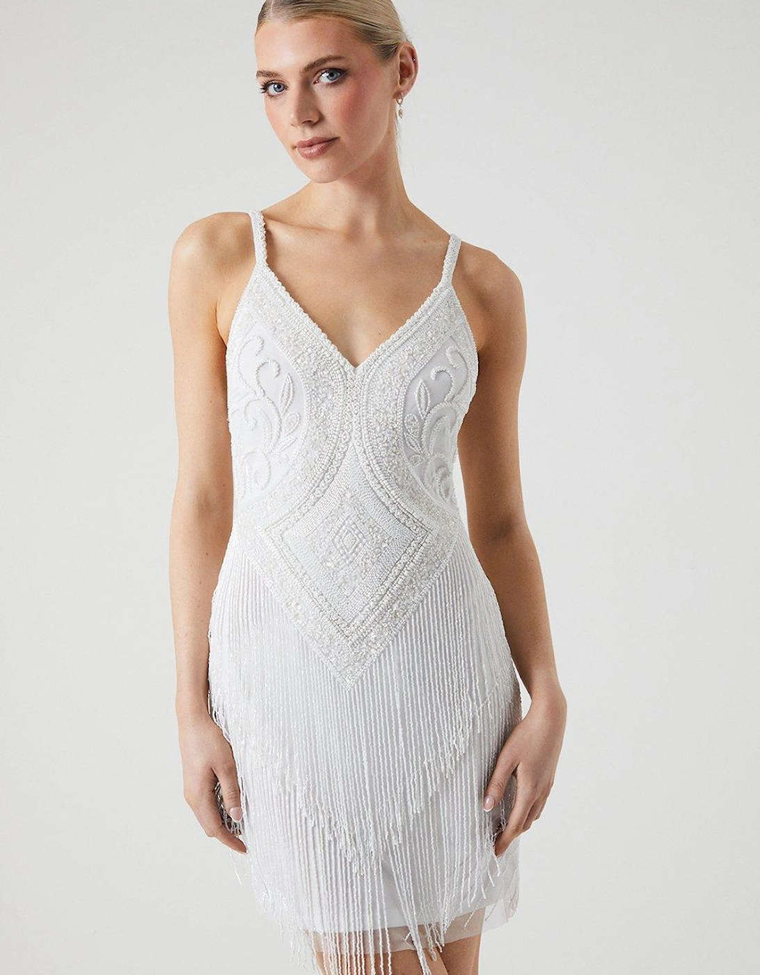 Premium Fringe And Beadwork Strappy Bridal Mini Dress, 6 of 5