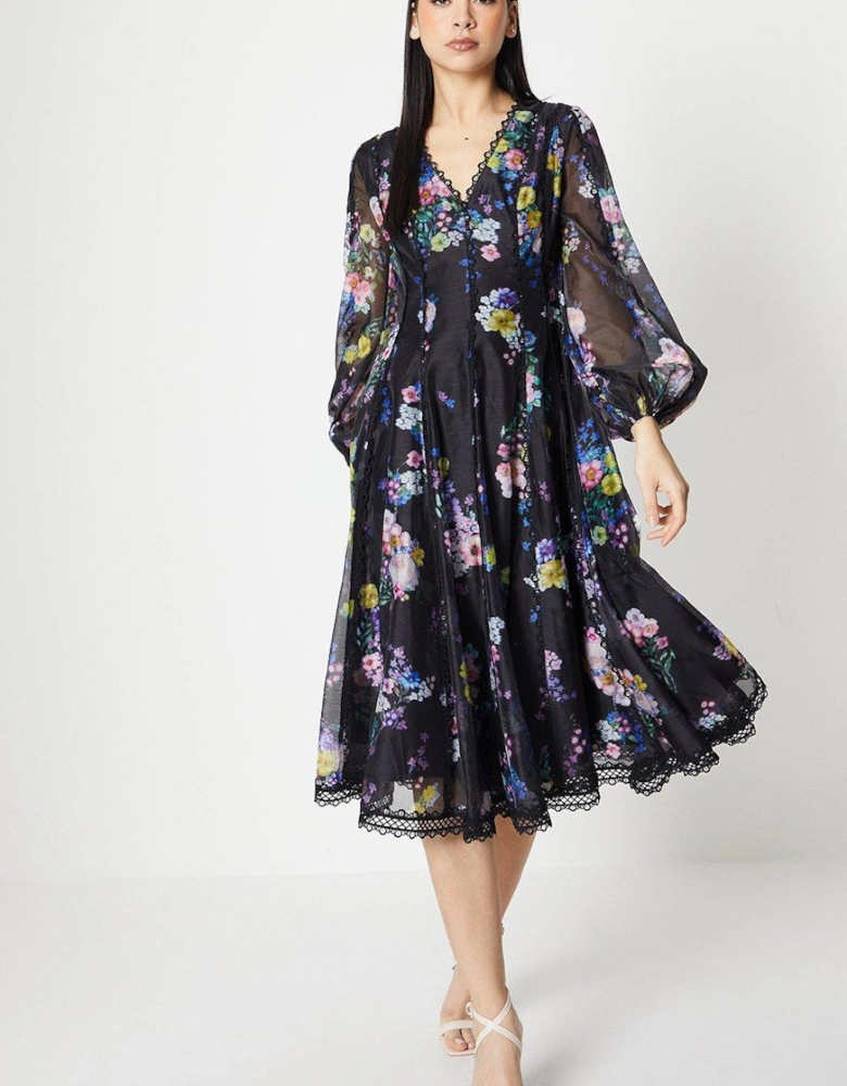 Printed Lace Trim Detail Midi Dress