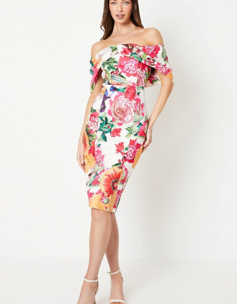 Petite Bardot Scuba Midi Dress In Floral Print