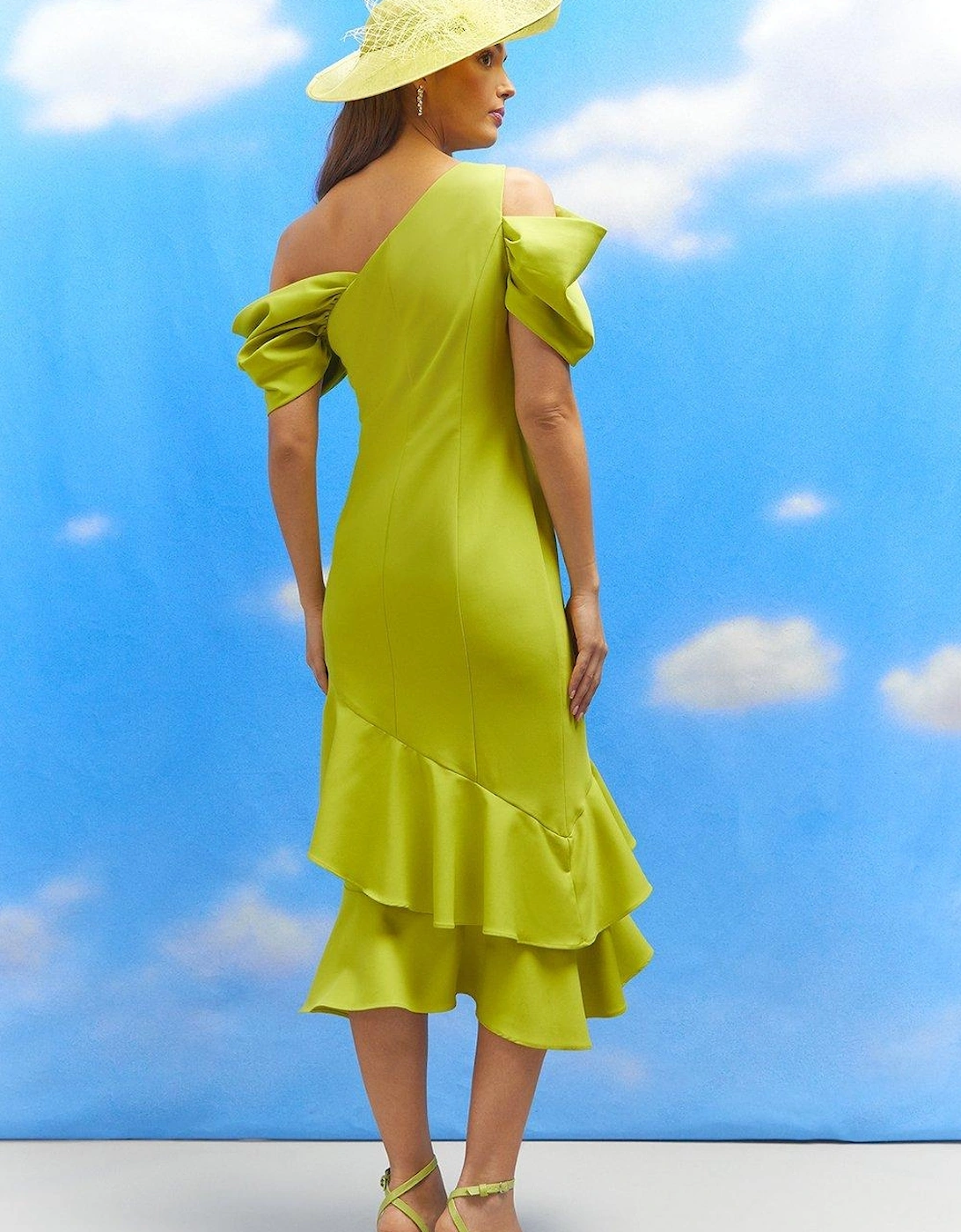 Lisa Tan Bardot Detail Ruffle Skirt Crepe Midi Dress
