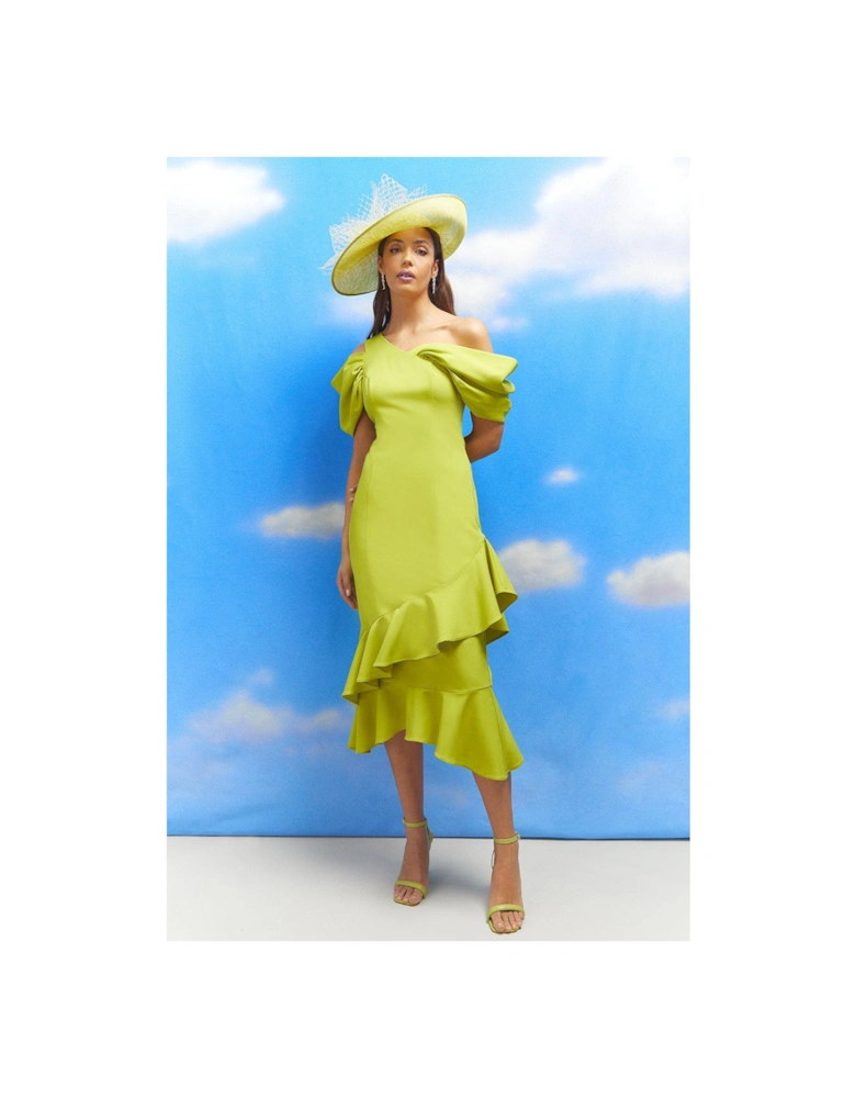 Lisa Tan Bardot Detail Ruffle Skirt Crepe Midi Dress
