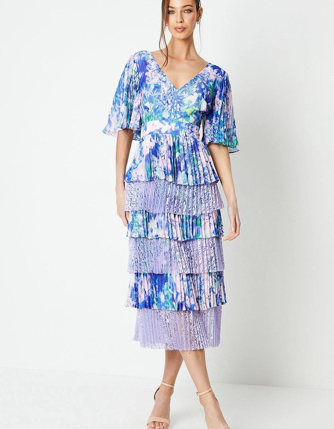 Lace Panelled Pleated Mix Midi Dress, 6 of 5