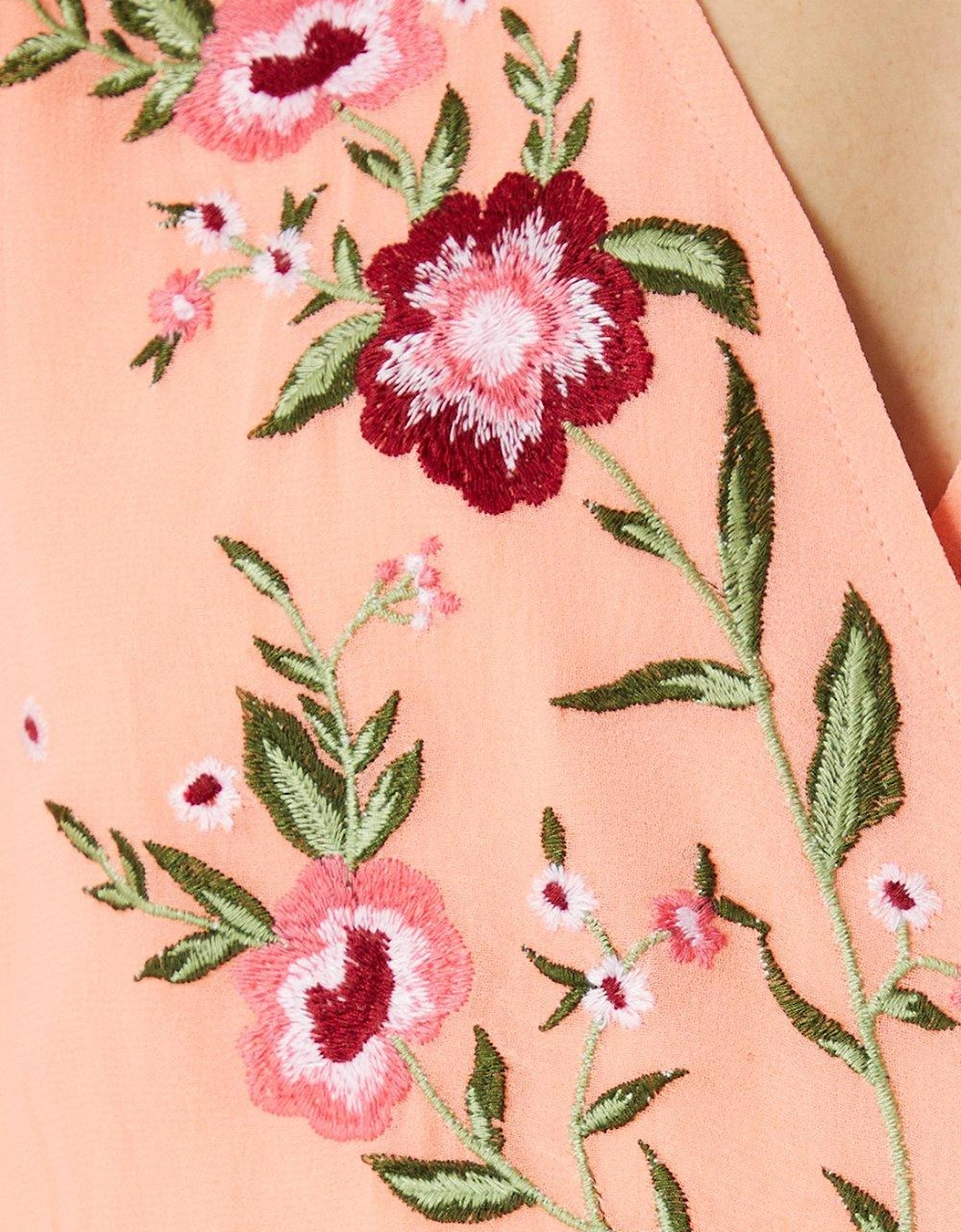 Embroidered Wrap Blouson Sleeve Midi Dress