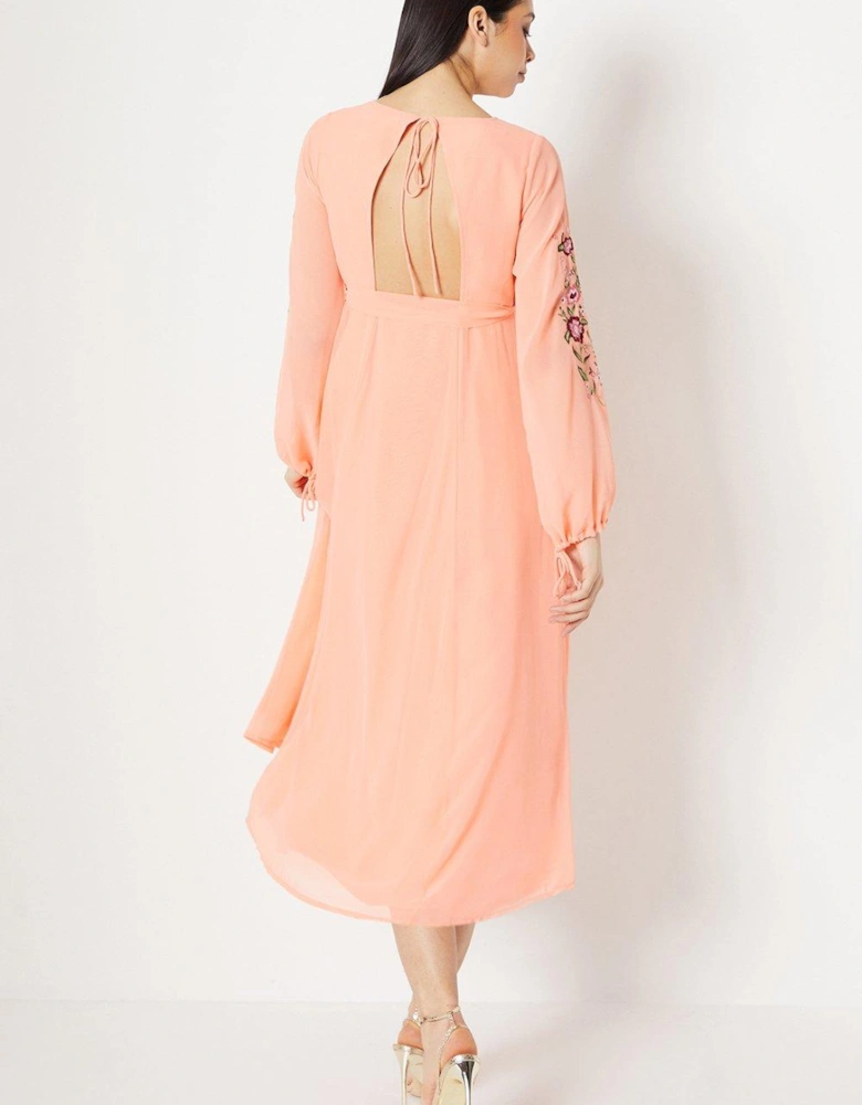 Embroidered Wrap Blouson Sleeve Midi Dress