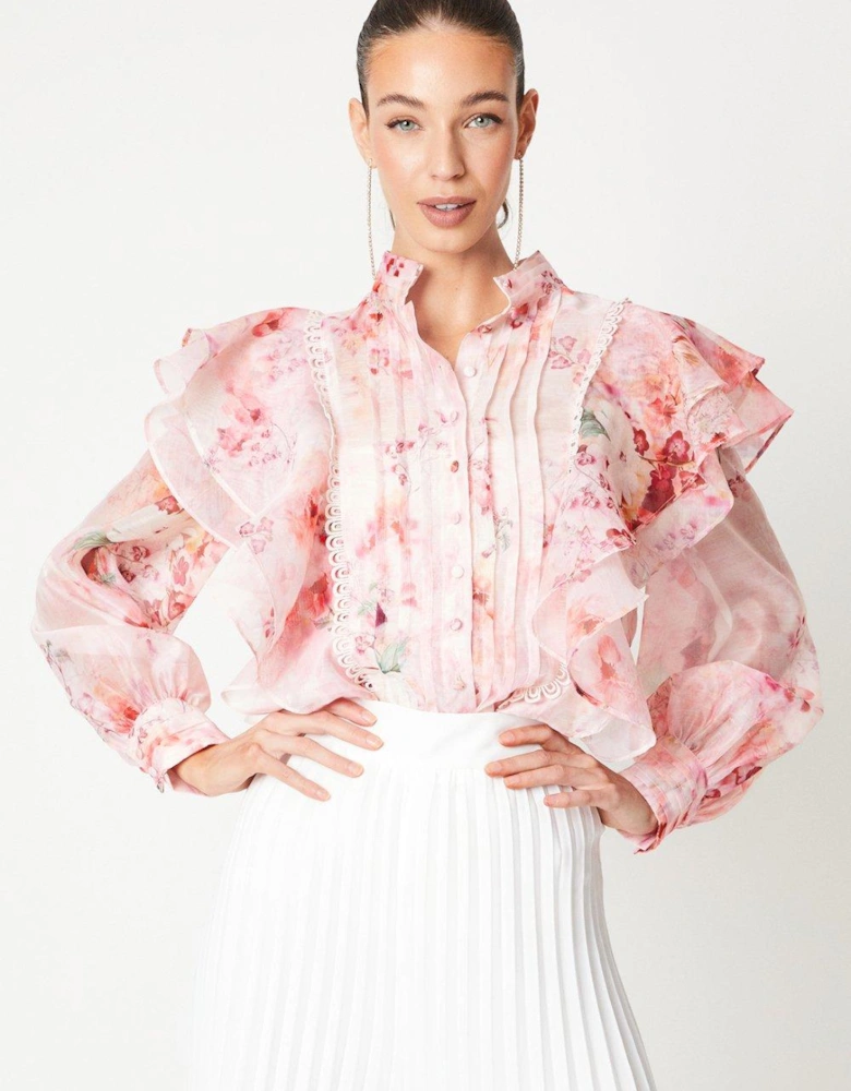 Printed Pintuck Ruffle Blouse With Volume Sleeve
