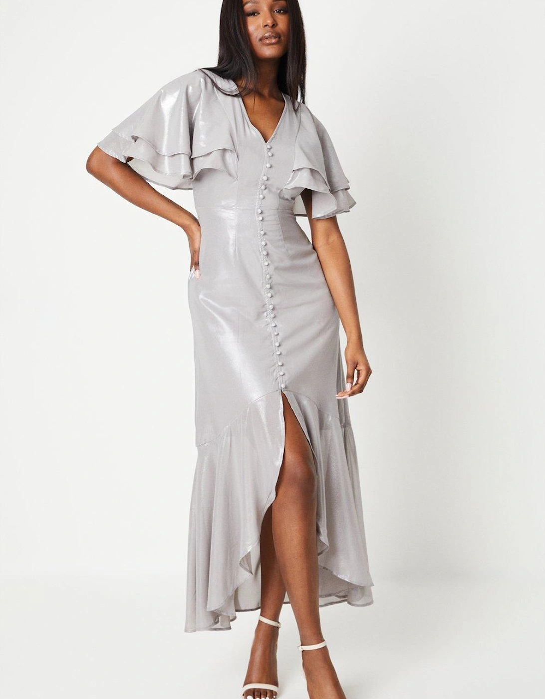 Midaxi Metallic Dress With Frill Sleeves, 6 of 5